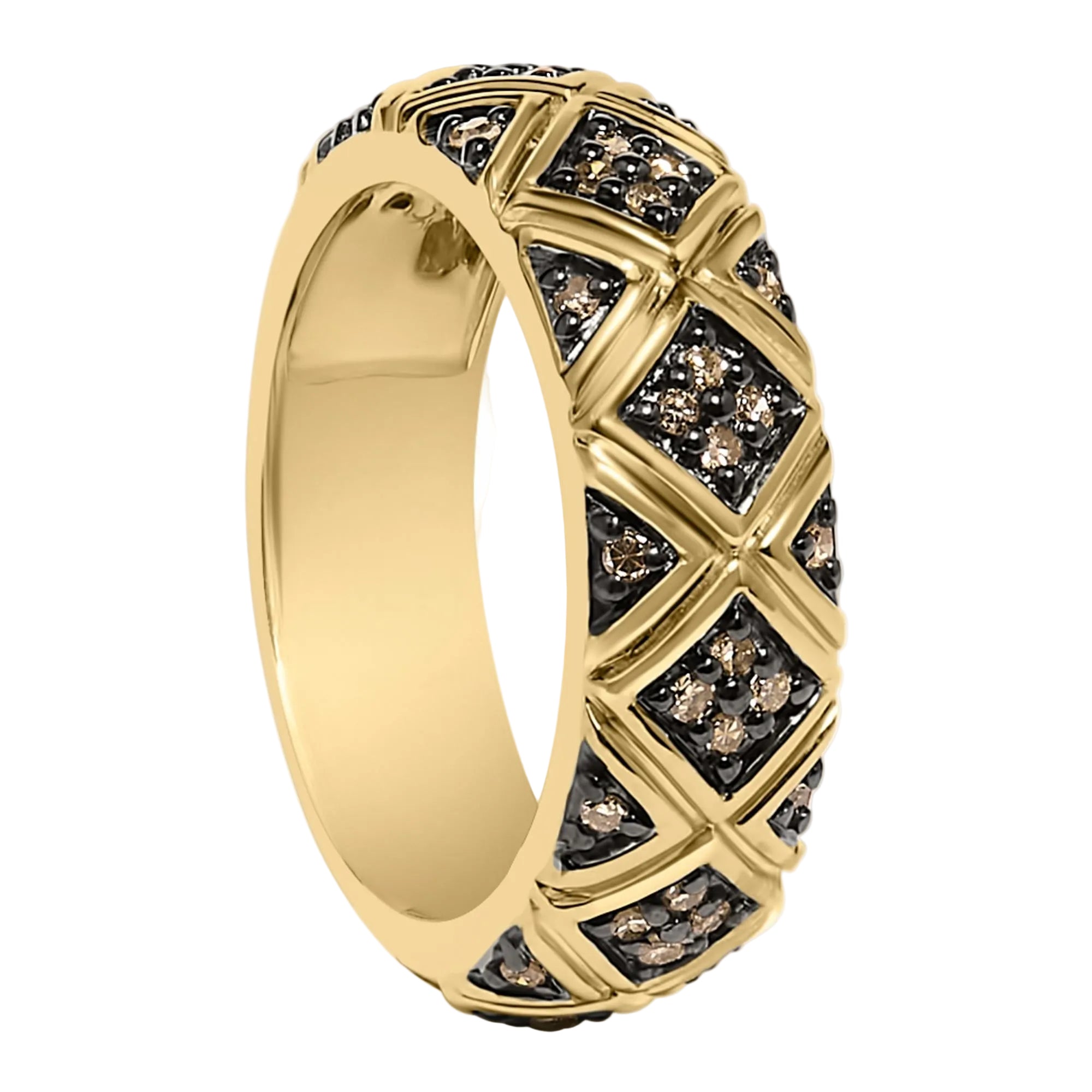 Gold ring with diamond accents on a white background